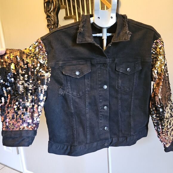 AKIRA Camila Sequin Sleeve Black Denim Jean Jacket Womens XL New NWT Bling - Picture 2 of 9